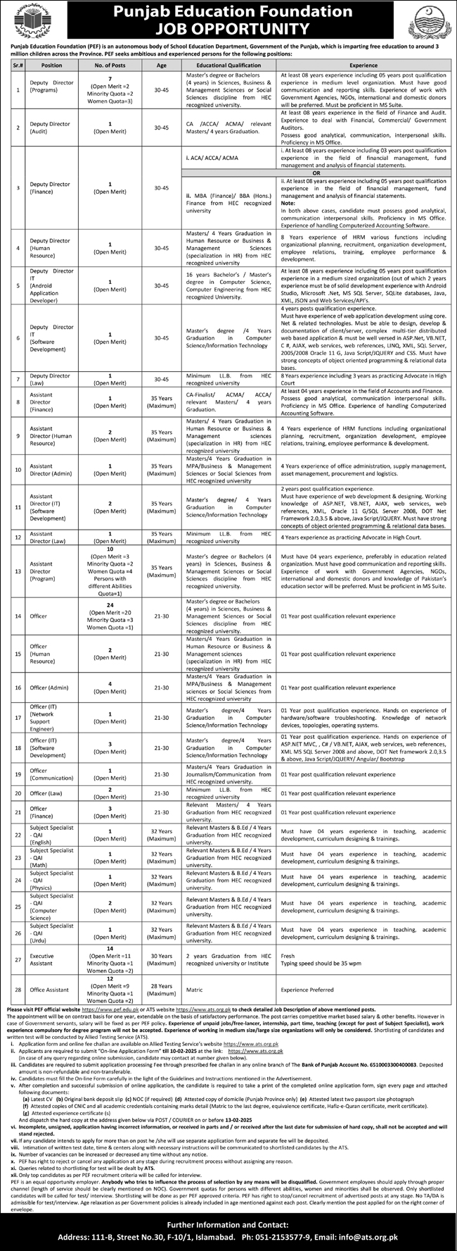 Latest Punjab Education Foundation PEF Jobs 2025