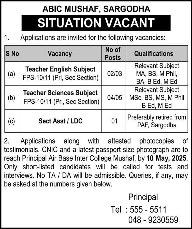 Today Air Base Inter College ABIC Mushaf Sargodha Jobs 2025
