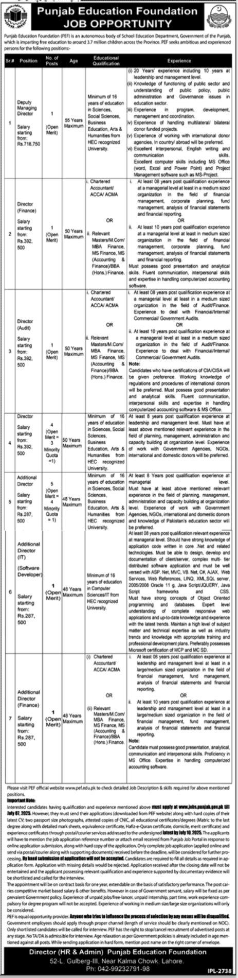 PEF Jobs 2025 Lahore  Punjab Education Foundation