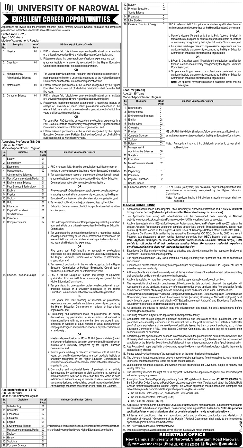 University of Narowal Jobs Assistant Professor