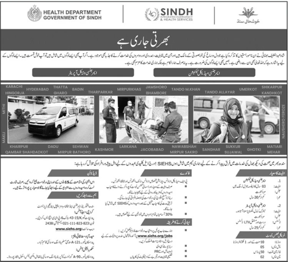 New Sindh Integrated Emergency & Health Services SIEHS Jobs 2025
