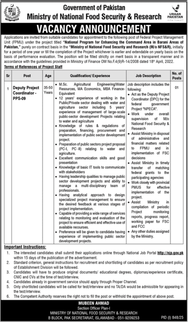 Latest Ministry of National Food Security & Research Jobs 2025
