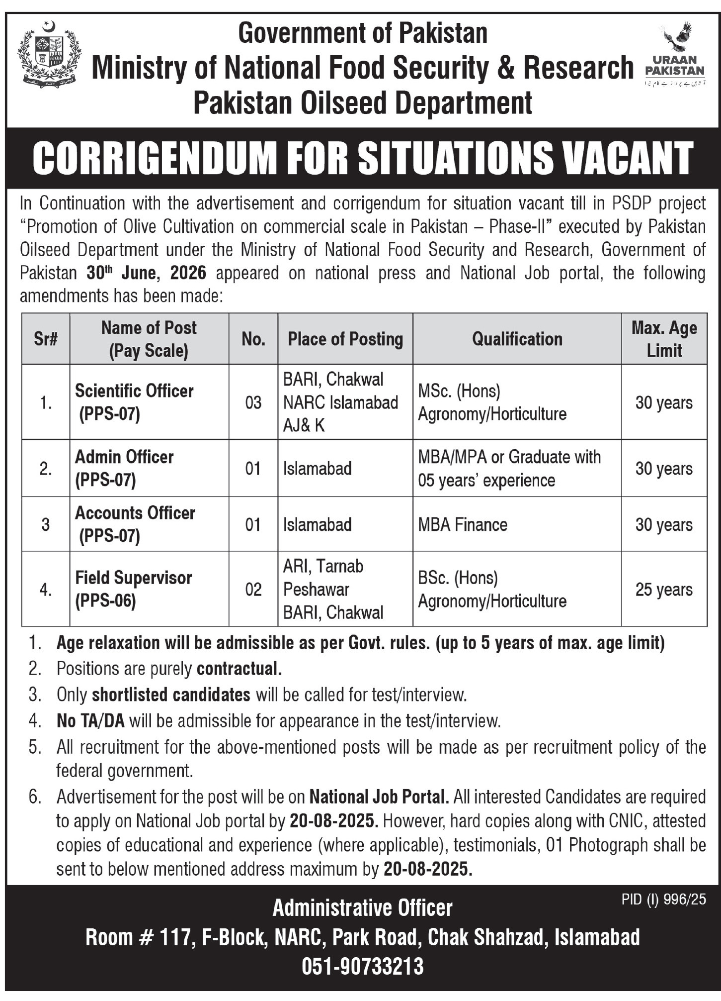 Ministry of National Foods & Security Research Islamabad Job