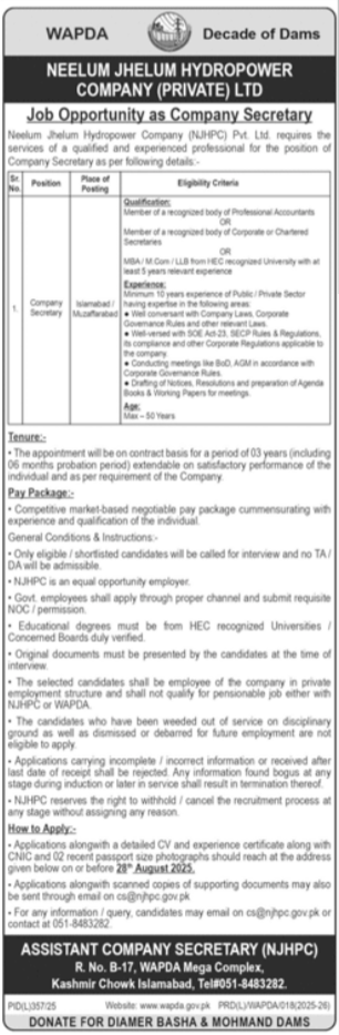 Neelum Jhelum Hydropower Project Company WAPDA Jobs 2025