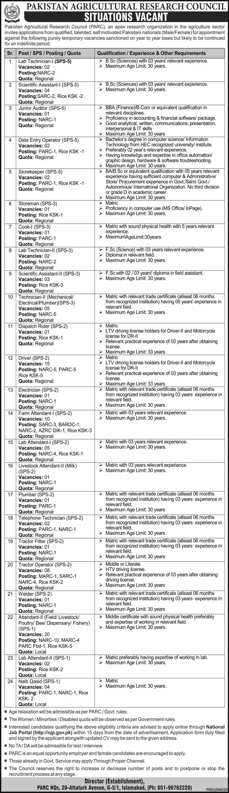 Pakistan Agriculture Research Council Jobs 2025 in Islamabad