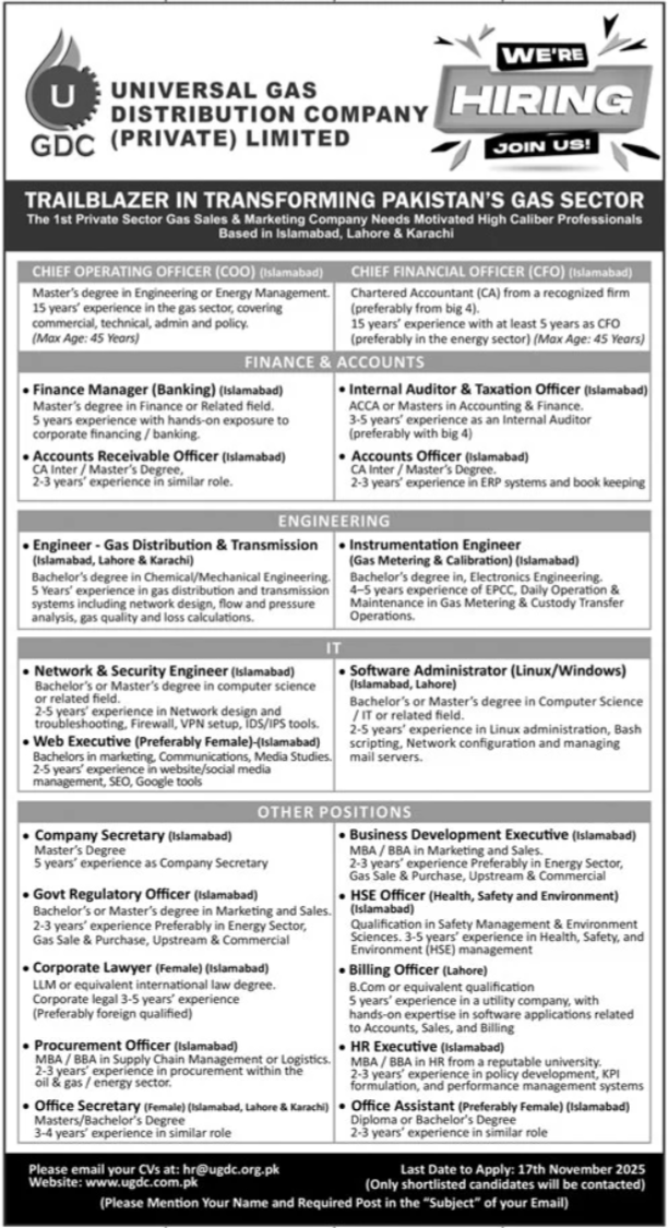 UGDC Lahore Jobs 2025 - Universal Gas Distribution Company